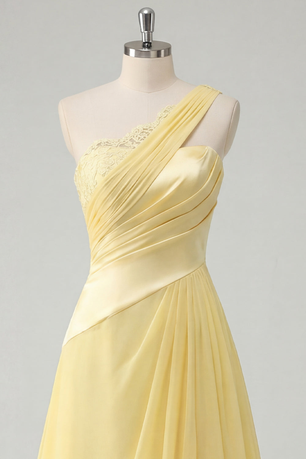 Ruched A Line Butter Yellow One Shoulder Prom Dress with Lace