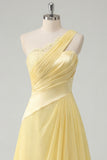 Ruched A Line Butter Yellow One Shoulder Prom Dress with Lace