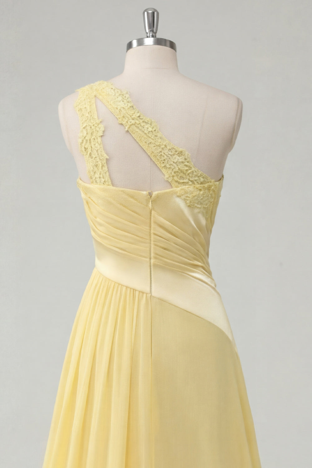 Ruched A Line Butter Yellow One Shoulder Prom Dress with Lace