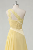 Ruched A Line Butter Yellow One Shoulder Prom Dress with Lace