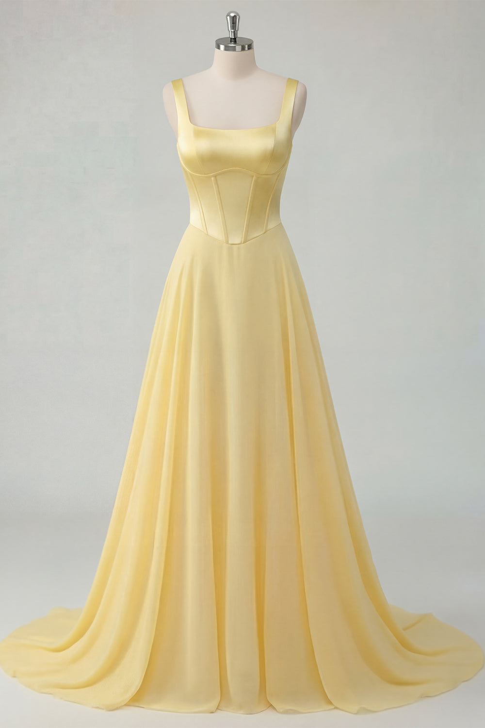 Thick Straps A Line Butter Yellow Corset Long Prom Dress