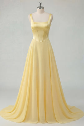 Thick Straps A Line Butter Yellow Corset Long Prom Dress