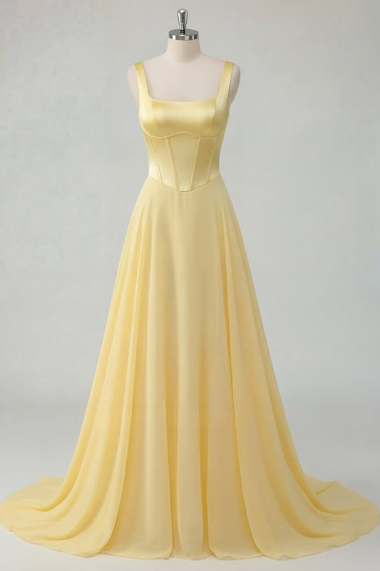 Thick Straps A Line Butter Yellow Corset Long Prom Dress