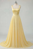 Thick Straps A Line Butter Yellow Corset Long Prom Dress