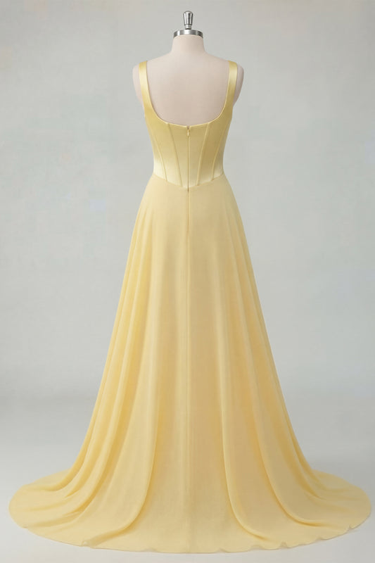 Thick Straps A Line Butter Yellow Corset Long Prom Dress