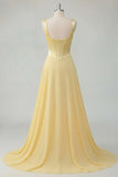 Thick Straps A Line Butter Yellow Corset Long Prom Dress