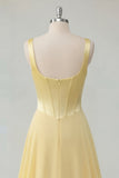 Thick Straps A Line Butter Yellow Corset Long Prom Dress