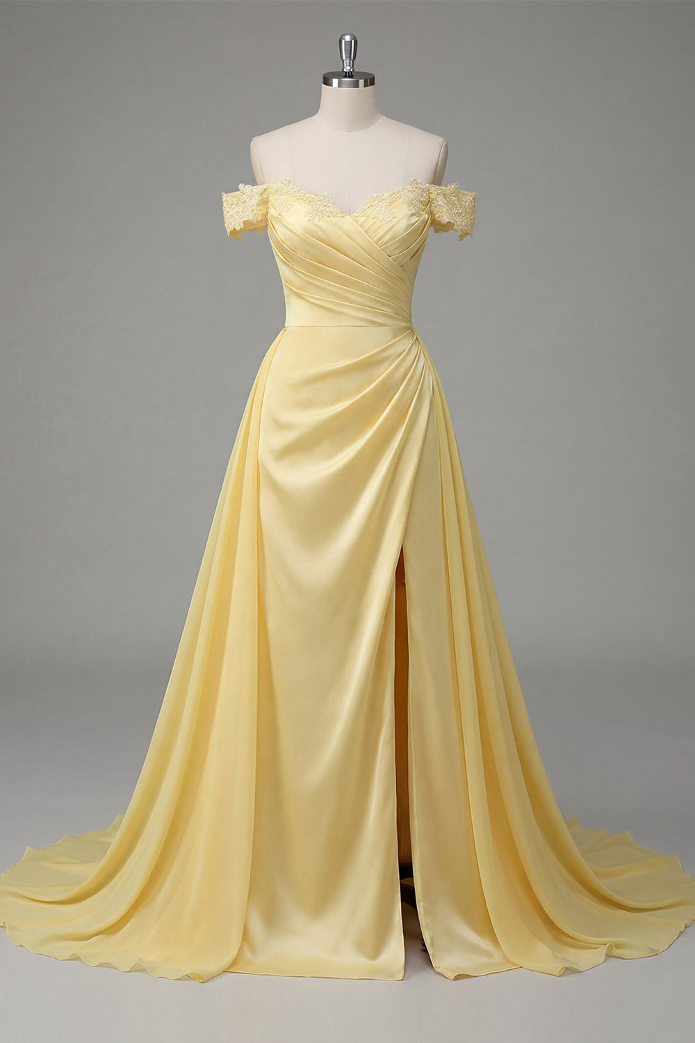A Line Butter Yellow Ruched Off the Shoulder Prom Dress with Cape