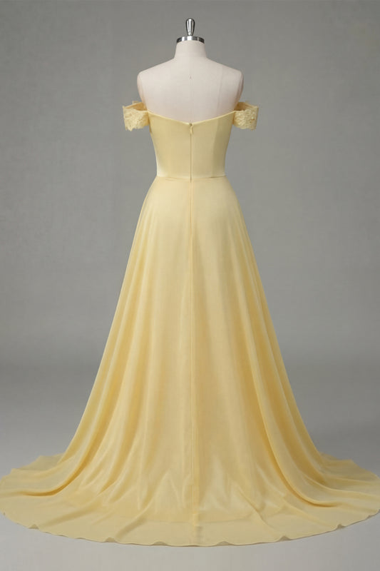 A Line Butter Yellow Ruched Off the Shoulder Prom Dress with Cape