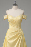A Line Butter Yellow Ruched Off the Shoulder Prom Dress with Cape