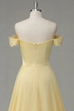 A Line Butter Yellow Ruched Off the Shoulder Prom Dress with Cape