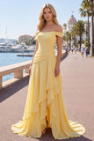 Ruched A Line Off the Shoulder Butter Yellow Ruffled Prom Dress with Slit