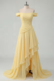 Butter Yellow Chiffon Long Prom Dress with Ruffled Off the Shoulder Ruched A Line Formal Dress with Slit