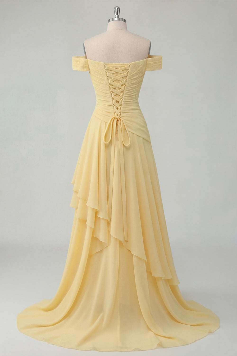 Zapakasa Women Butter Yellow Chiffon Long Prom Dress with Ruffled Off the Shoulder Ruched A Line Formal Dress with Slit