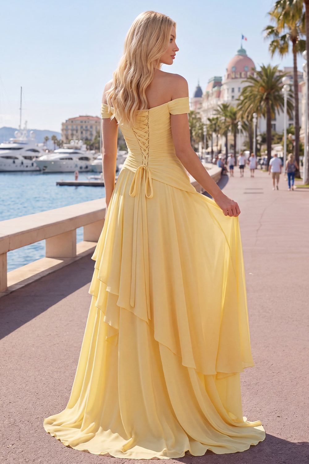 Ruched A Line Off the Shoulder Butter Yellow Ruffled Prom Dress with Slit