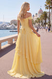 Ruched A Line Off the Shoulder Butter Yellow Ruffled Prom Dress with Slit