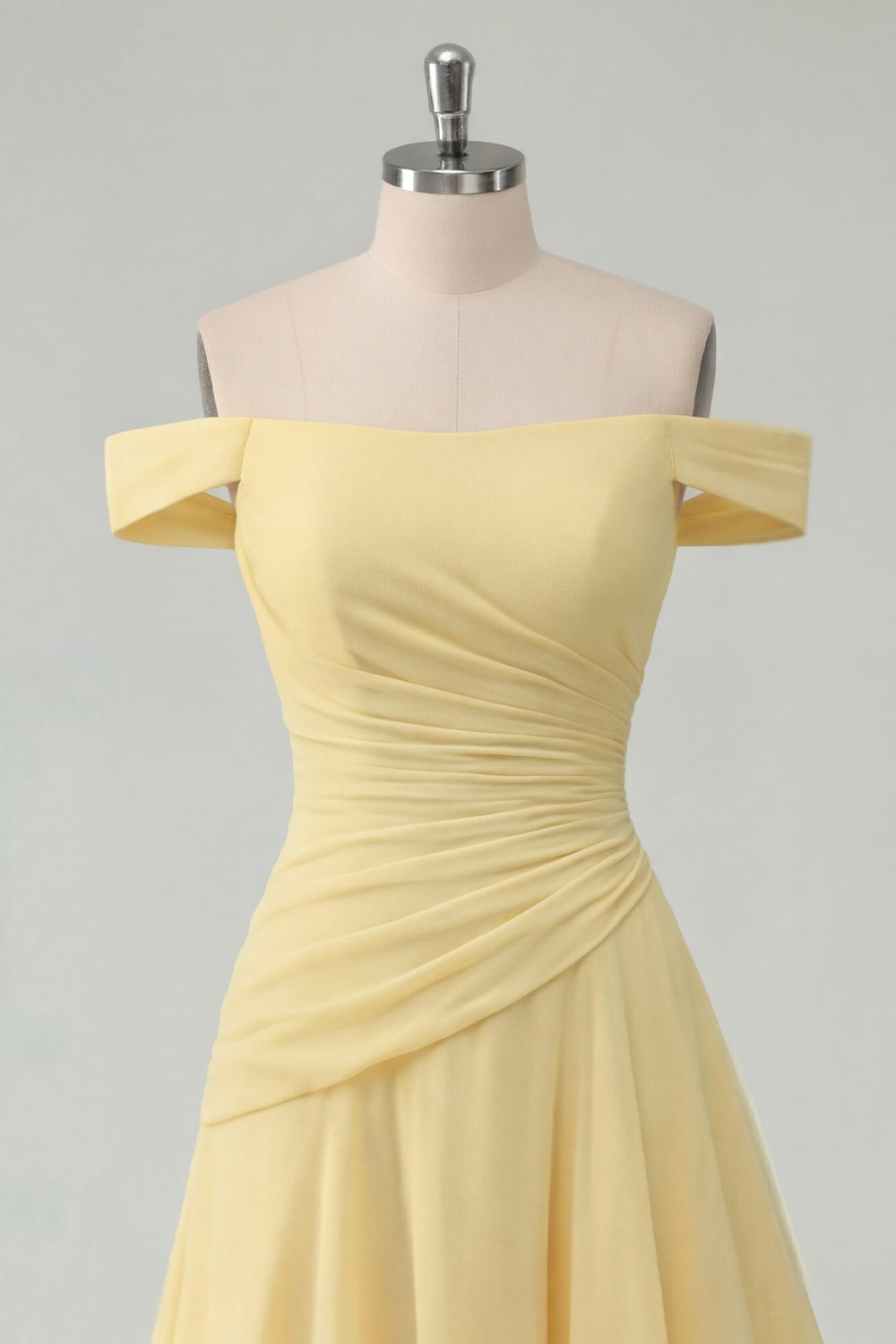 Ruched A Line Off the Shoulder Butter Yellow Ruffled Prom Dress with Slit