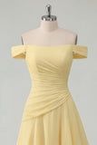 Ruched A Line Off the Shoulder Butter Yellow Ruffled Prom Dress with Slit