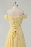 Ruched A Line Off the Shoulder Butter Yellow Ruffled Prom Dress with Slit