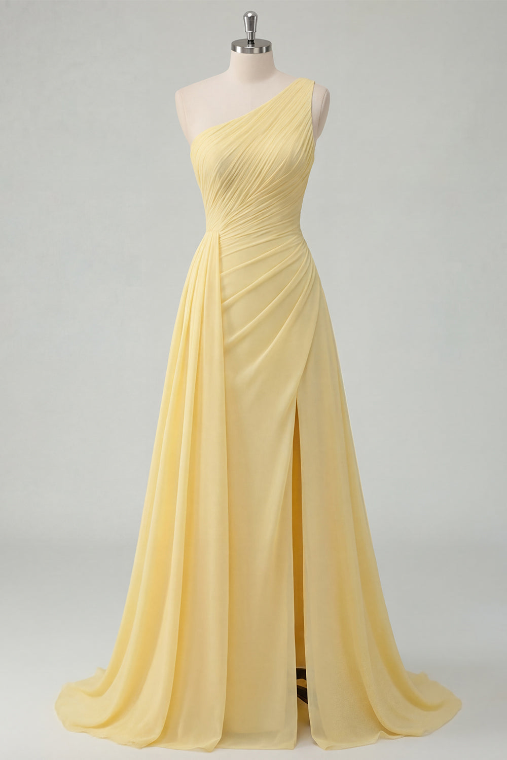 A Line One Shoulder Butter Yellow Ruched Prom Dress with Side Cape
