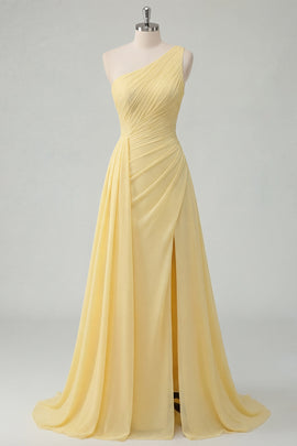 A Line One Shoulder Butter Yellow Ruched Prom Dress with Side Cape