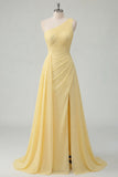 A Line One Shoulder Butter Yellow Ruched Prom Dress with Side Cape