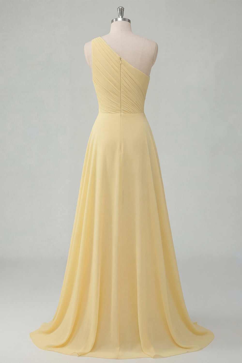 A Line One Shoulder Butter Yellow Ruched Prom Dress with Side Cape