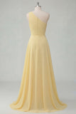 A Line One Shoulder Butter Yellow Ruched Prom Dress with Side Cape