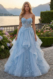 Long Sparkly Blue Strapless Corset A Line Floral Beaded Prom Dress with Ruffles