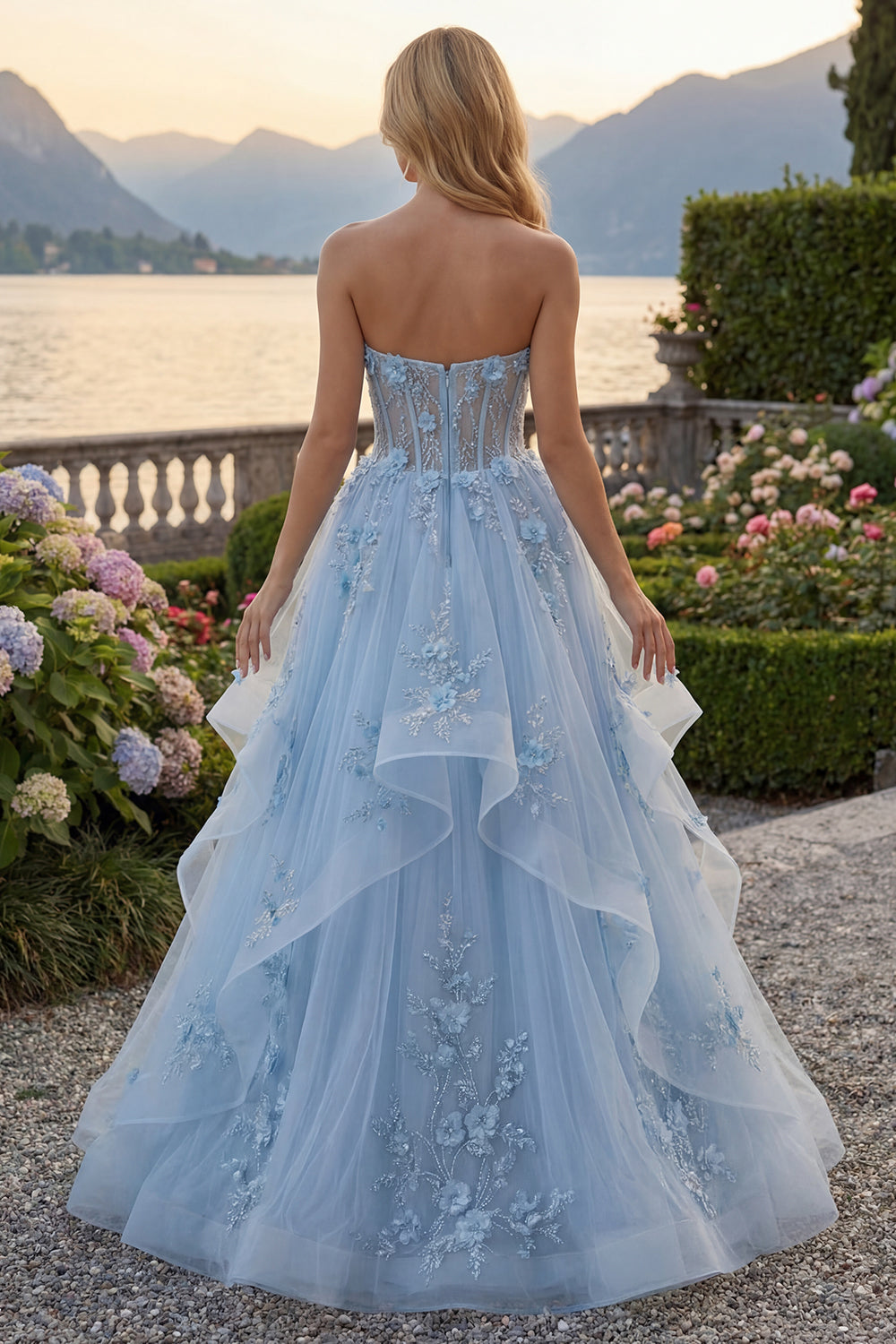 Long Sparkly Blue Strapless Corset A Line Floral Beaded Prom Dress with Ruffles