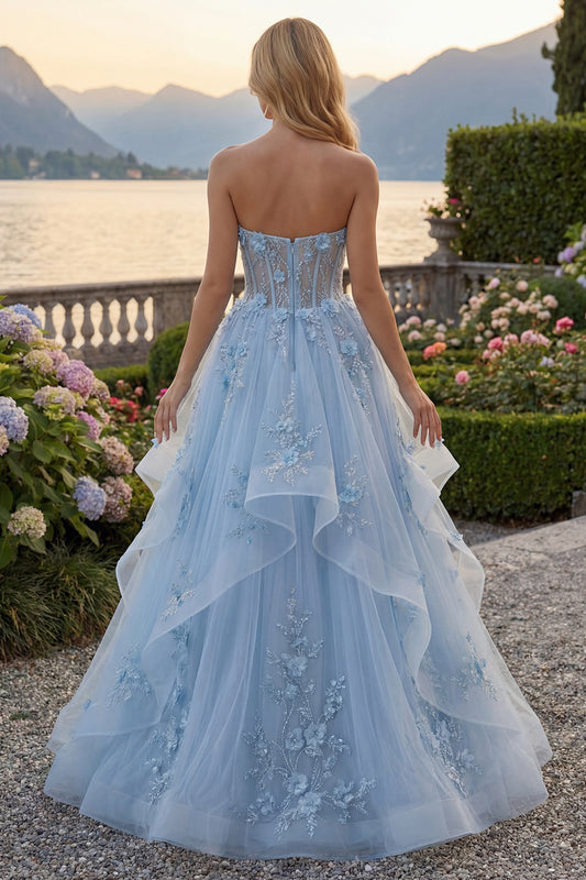 Long Sparkly Blue Strapless Corset A Line Floral Beaded Prom Dress with Ruffles