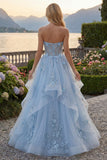 Long Sparkly Blue Strapless Corset A Line Floral Beaded Prom Dress with Ruffles