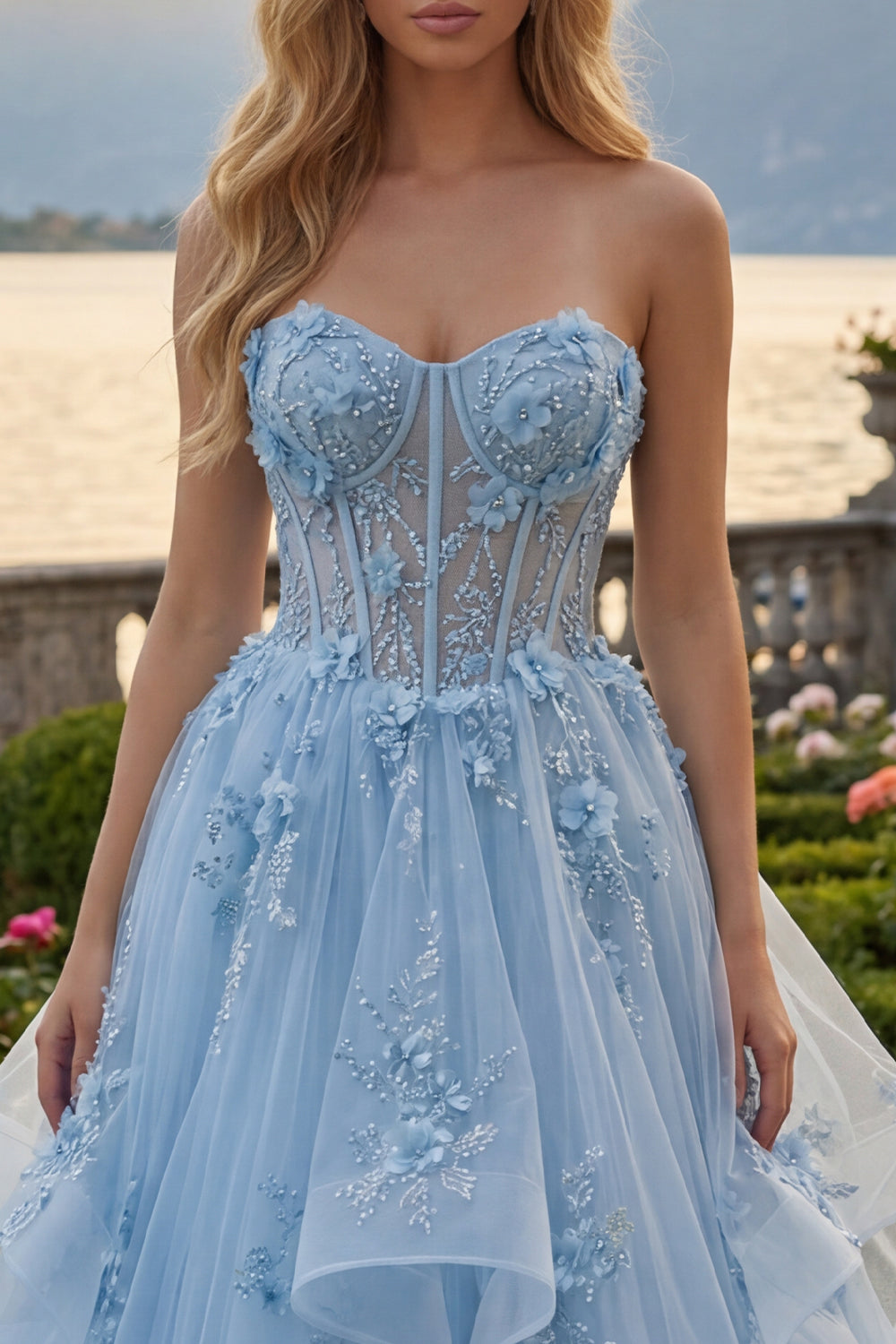 Long Sparkly Blue Strapless Corset A Line Floral Beaded Prom Dress with Ruffles
