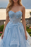 Long Sparkly Blue Strapless Corset A Line Floral Beaded Prom Dress with Ruffles