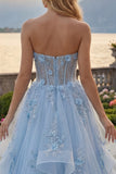 Long Sparkly Blue Strapless Corset A Line Floral Beaded Prom Dress with Ruffles