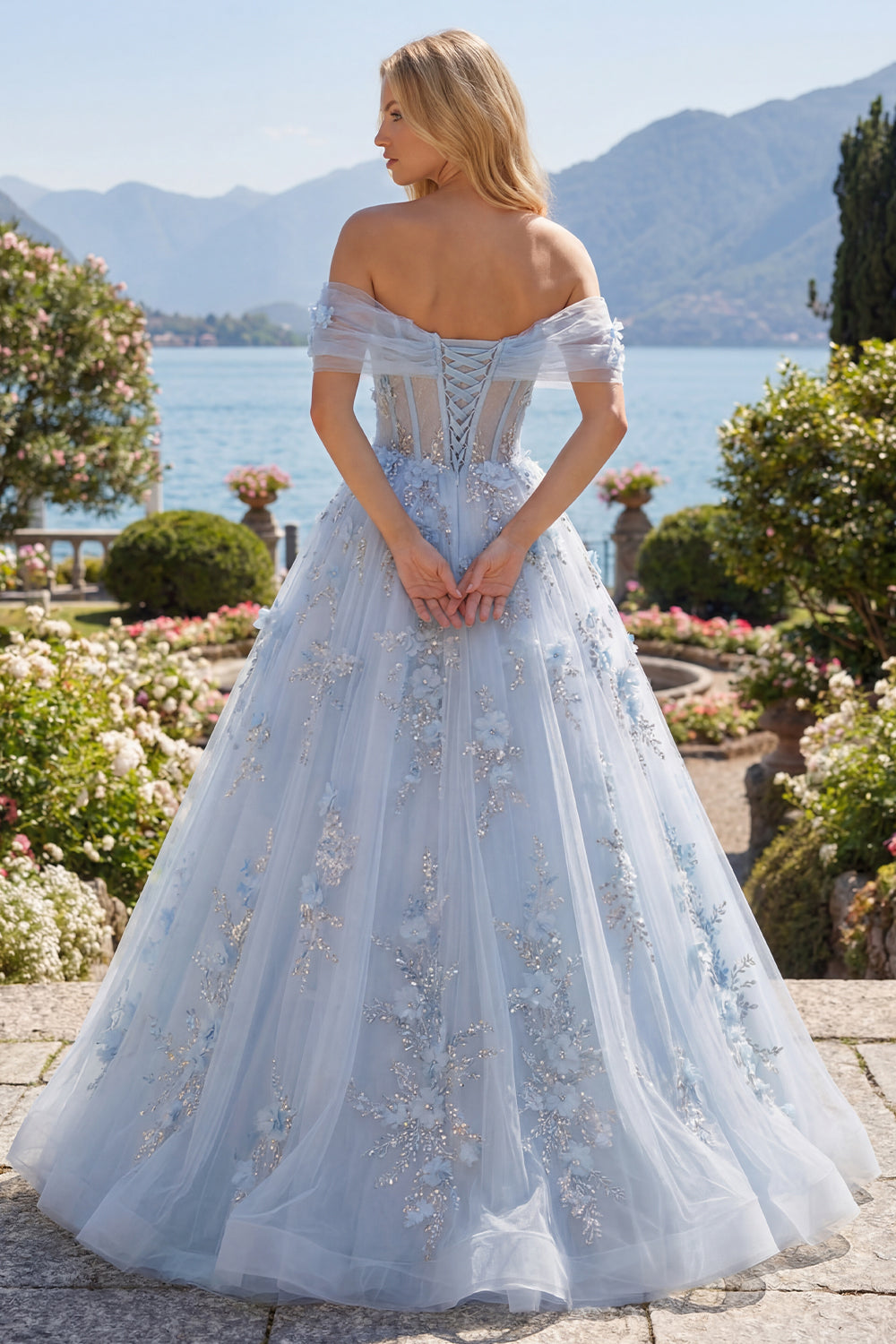 Off the Shoulder Corset A Line Long Sparkly Blue Floral Beaded Prom Dress