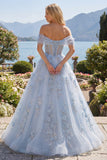 Off the Shoulder Corset A Line Long Sparkly Blue Floral Beaded Prom Dress