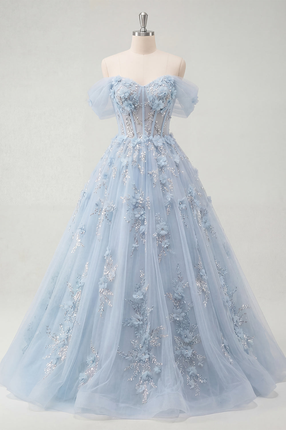 Off the Shoulder Corset A Line Long Sparkly Blue Floral Beaded Prom Dress