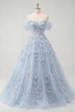 Off the Shoulder Corset A Line Long Sparkly Blue Floral Beaded Prom Dress