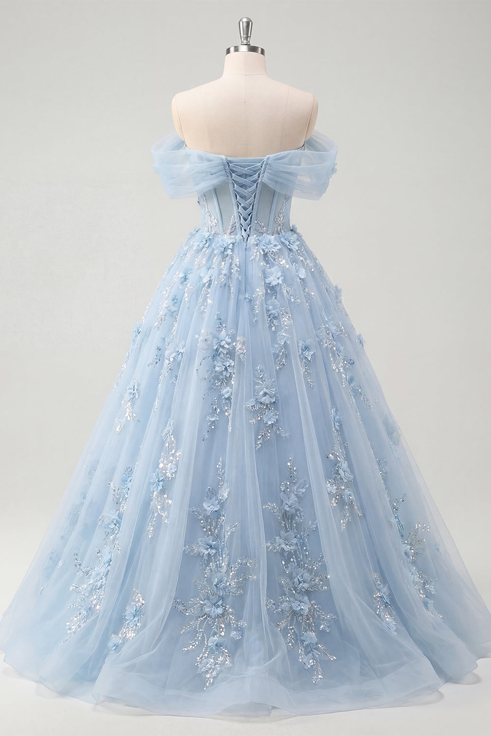 Off the Shoulder Corset A Line Long Sparkly Blue Floral Beaded Prom Dress