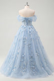 Off the Shoulder Corset A Line Long Sparkly Blue Floral Beaded Prom Dress
