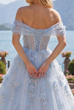 Off the Shoulder Corset A Line Long Sparkly Blue Floral Beaded Prom Dress