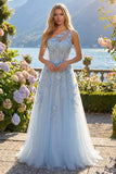 One Shoulder Sparkly Blue Corset A Line Long Floral Beaded Prom Dress