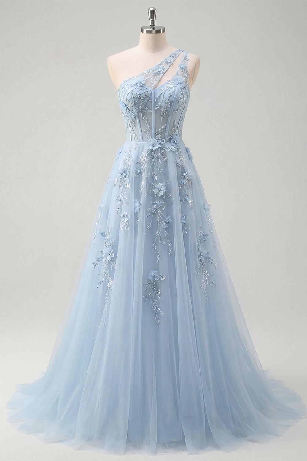 One Shoulder Sparkly Blue Corset A Line Long Floral Beaded Prom Dress