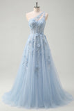 One Shoulder Sparkly Blue Corset A Line Long Floral Beaded Prom Dress