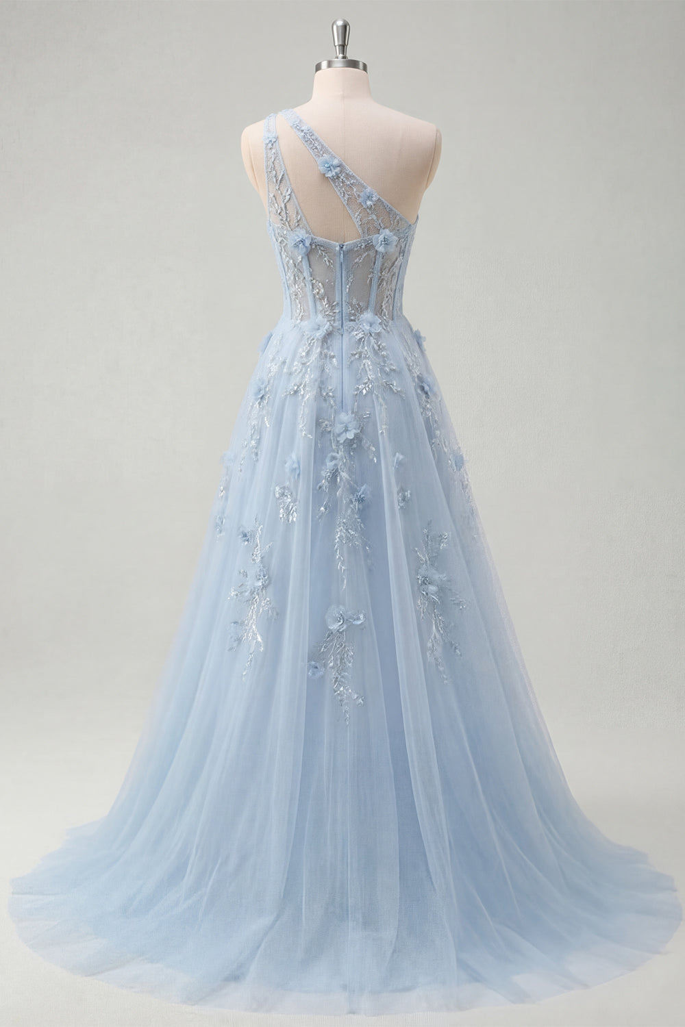 One Shoulder Sparkly Blue Corset A Line Long Floral Beaded Prom Dress