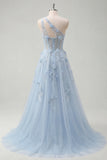 One Shoulder Sparkly Blue Corset A Line Long Floral Beaded Prom Dress