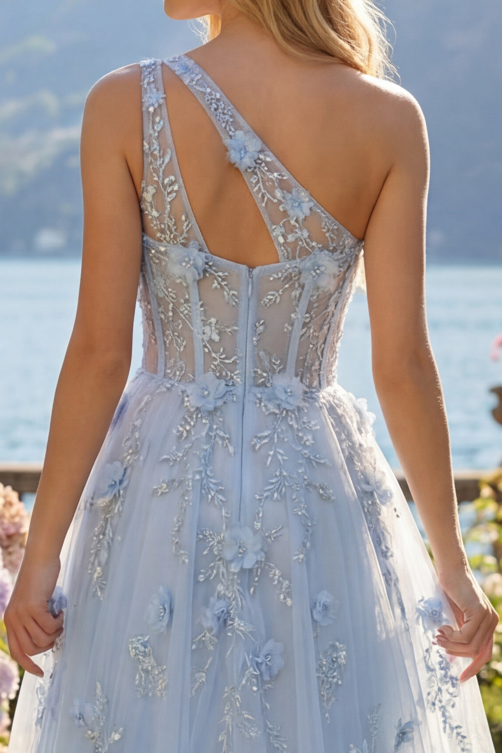 One Shoulder Sparkly Blue Corset A Line Long Floral Beaded Prom Dress