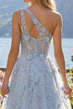 One Shoulder Sparkly Blue Corset A Line Long Floral Beaded Prom Dress