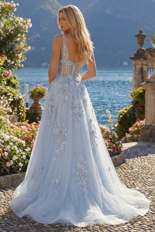 V-Neck A Line Long Sparkly Blue Corset Floral Beaded Prom Dress with Slit